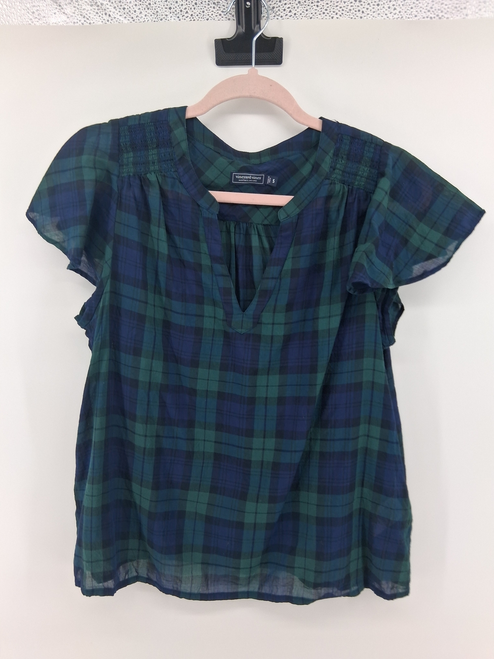 Vineyard Vines Blue and Green Plaid Flutter-Sleeve Blouse